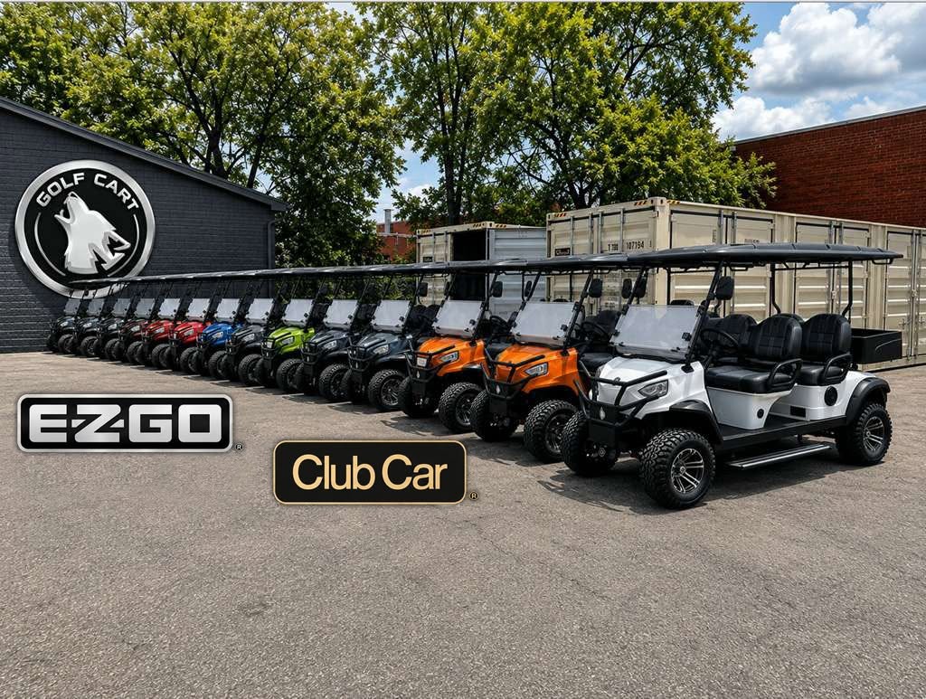 Row of lifted multi-passenger golf carts in white, orange, green, blue and red parked on the Cincinnati Golf Carts lot